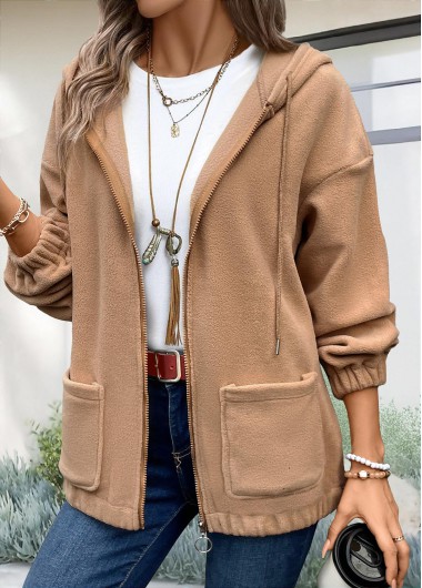 Modlily Light Coffee Plush Long Sleeve Hoodie