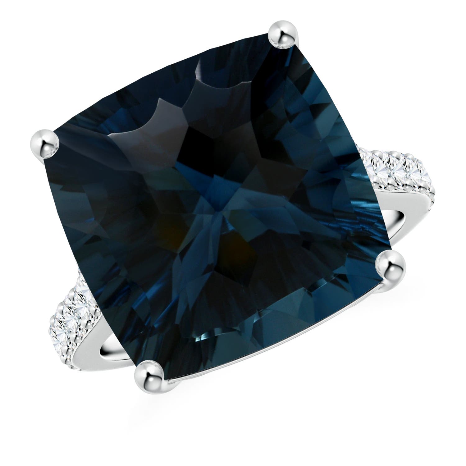 Angara 16.12 Carats GIA Certified Cushion London Blue Topaz Cocktail Ring with Diamonds in Platinum