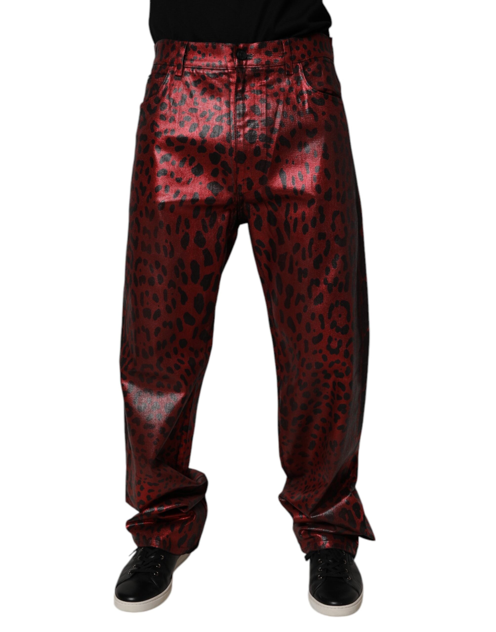 Leopard Print Denim Jeans — Red