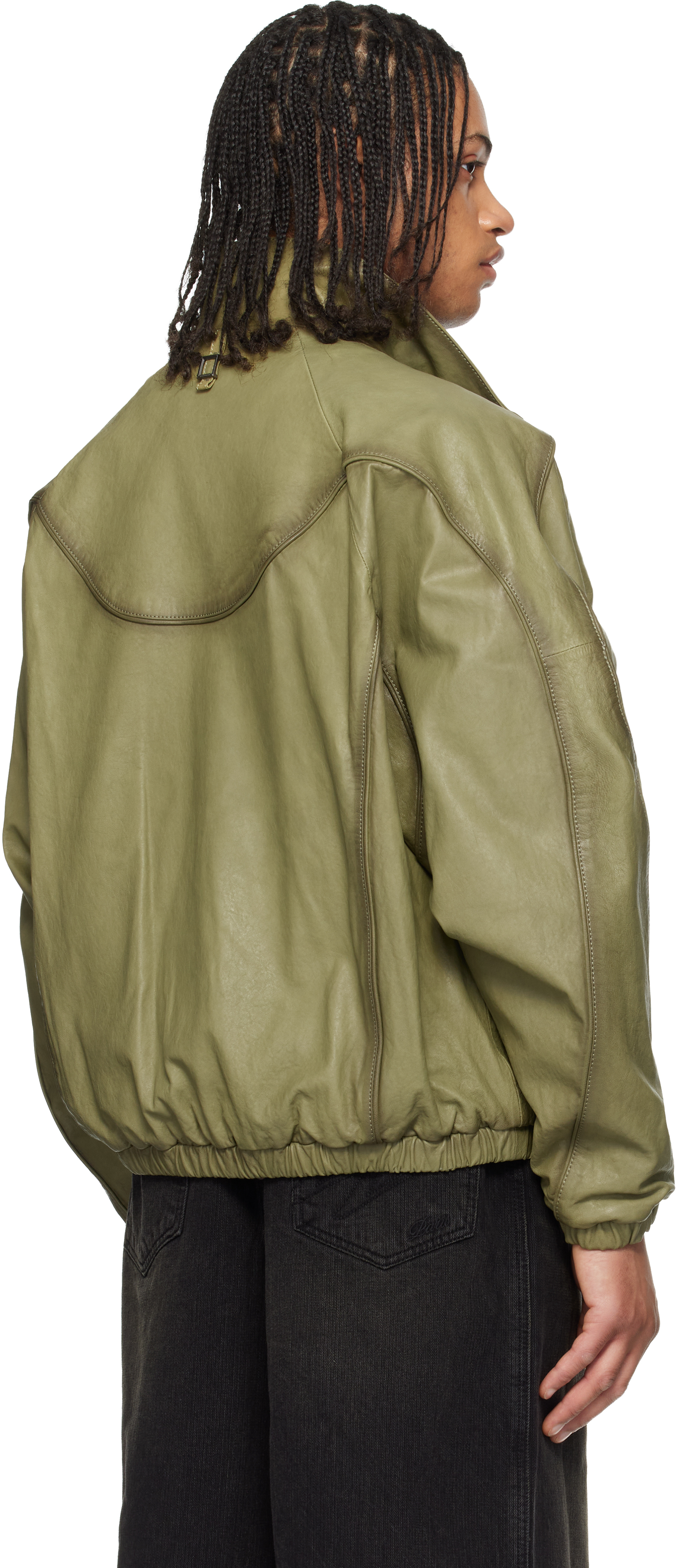 Khaki High Neck Leather Jacket