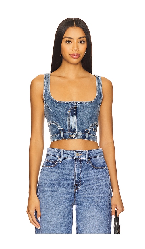 Good American Reworked Denim Vest in Indigo911 in Indigo1083.  XXL/2X also in L, M, S, XL/1X, XS, XXXL/3X, XXXXL/4X