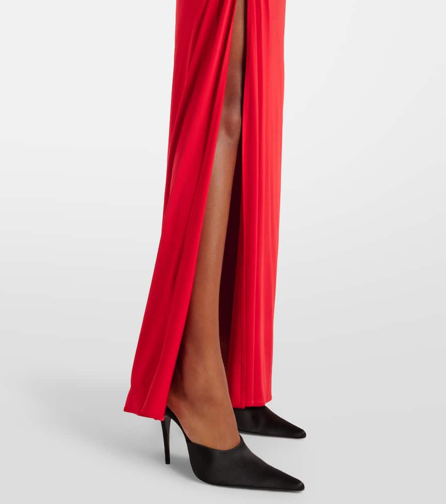 Floral-appliqué ruched jersey maxi dress