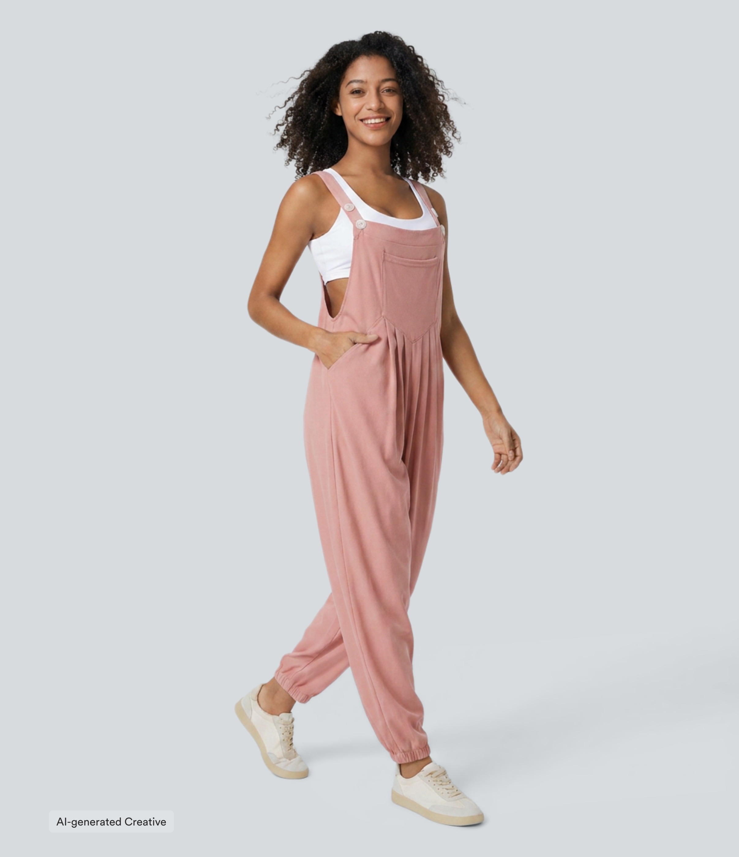 Pockets Waffle Casual Jogger Overalls  - Rose Tan