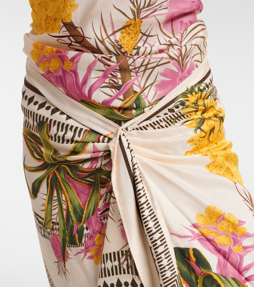 Asymmetric draped printed twill midi skirt