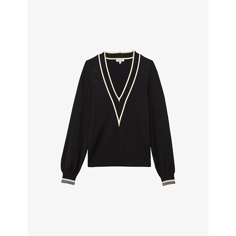 Womens Black/cream Faith Contrast-trim Stretch-woven Top S