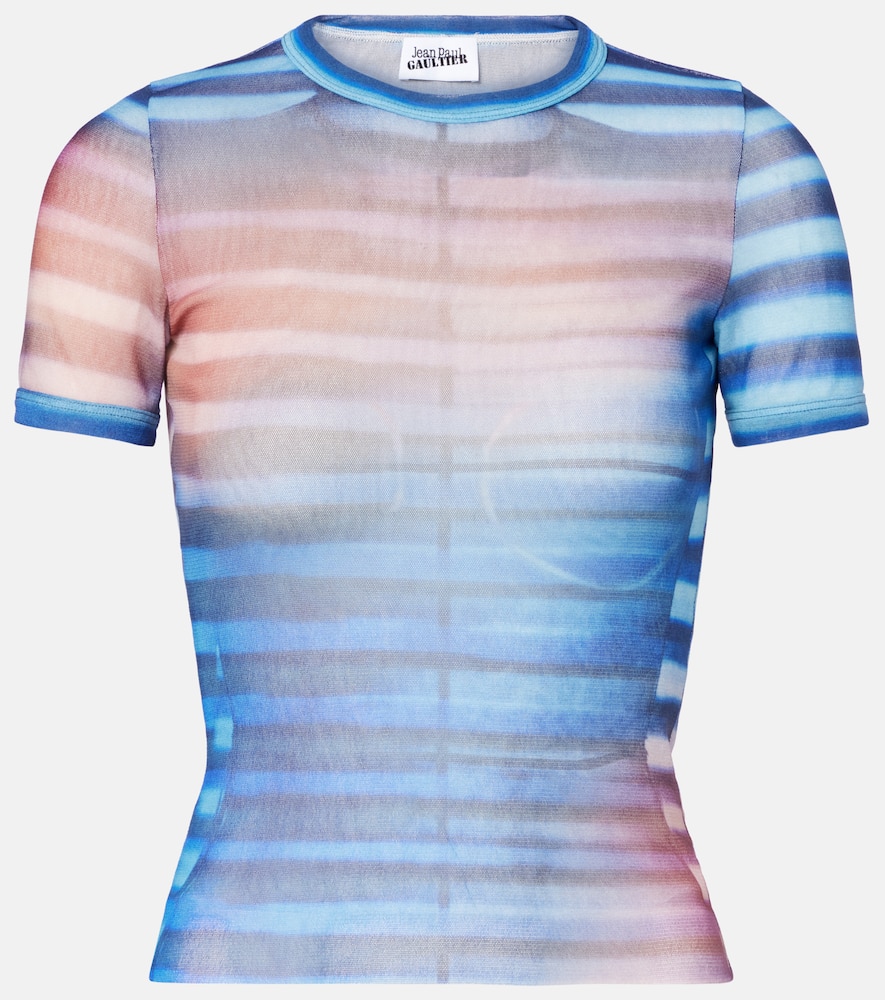 Printed striped mesh T-shirt