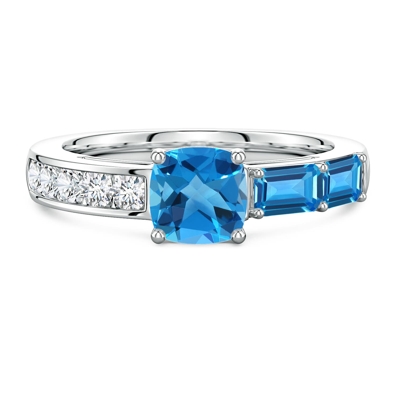 Lee Harris x Angara 2.09 CTW Cushion Swiss Blue Topaz Modern Art Deco Inspired Side Stone Ring in Platinum