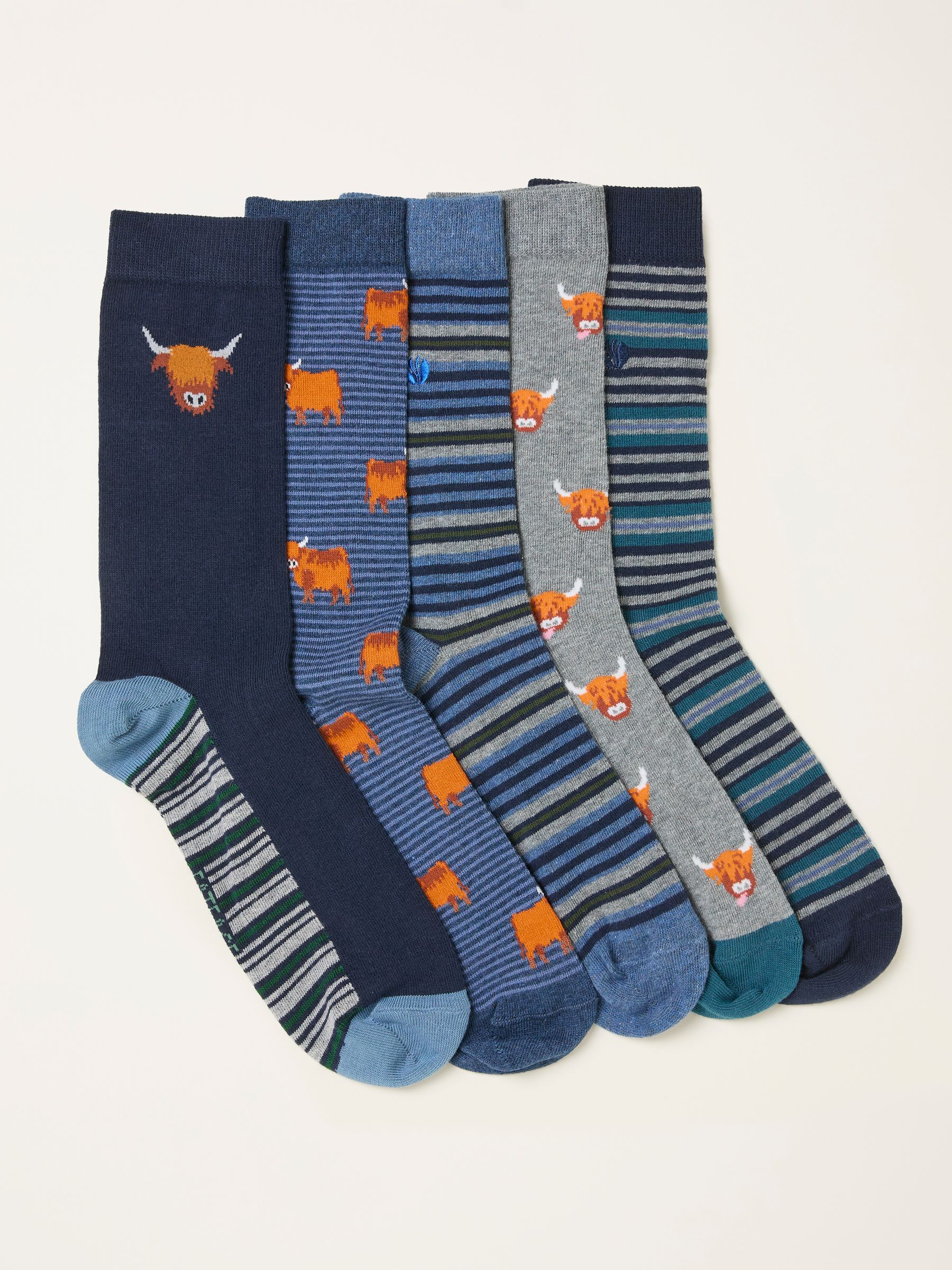 FatFace Navy Multi 5 Pairs of Highland Cow Socks