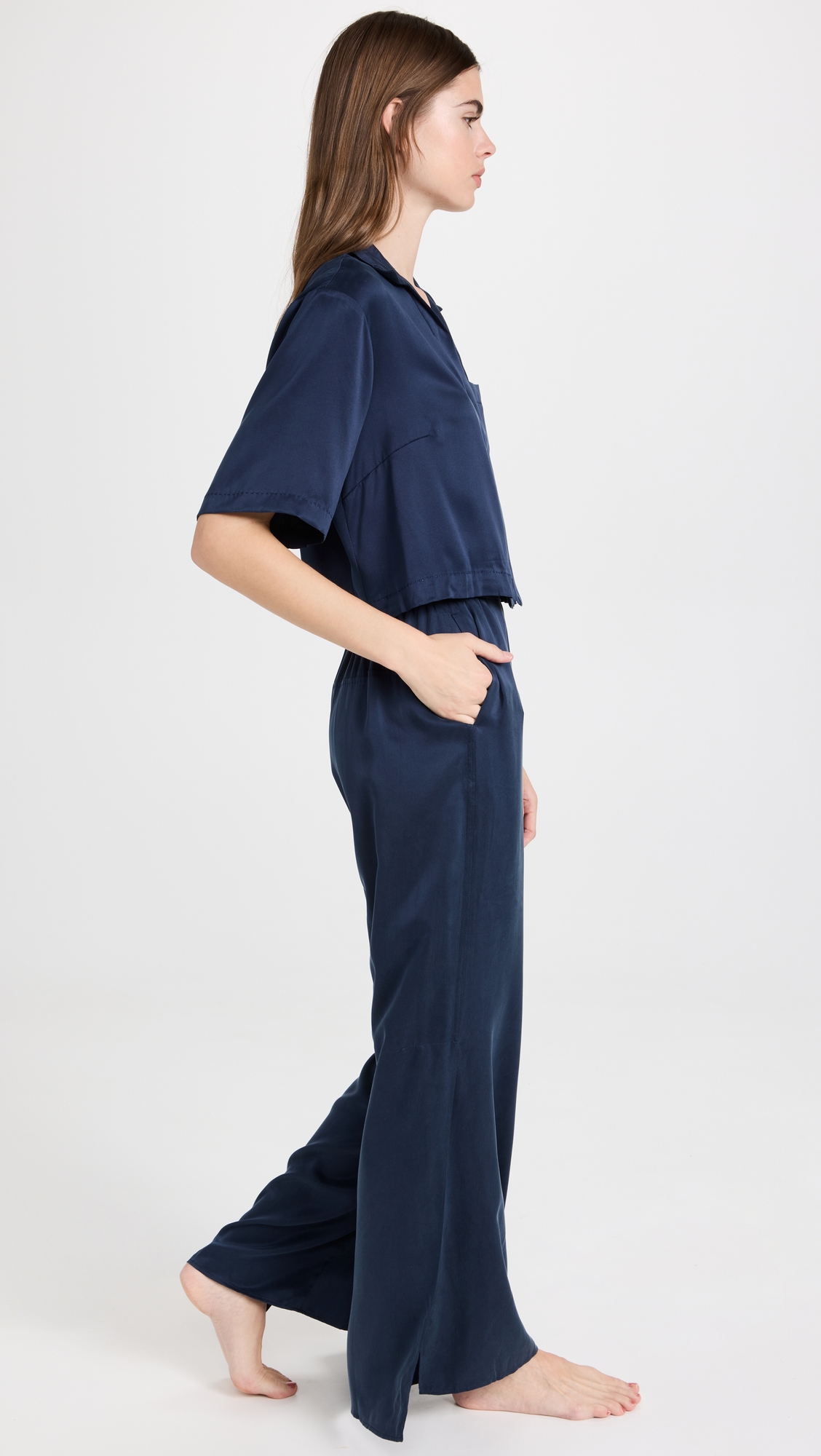 Washable Silk High Rise Pant Set Deep Blue