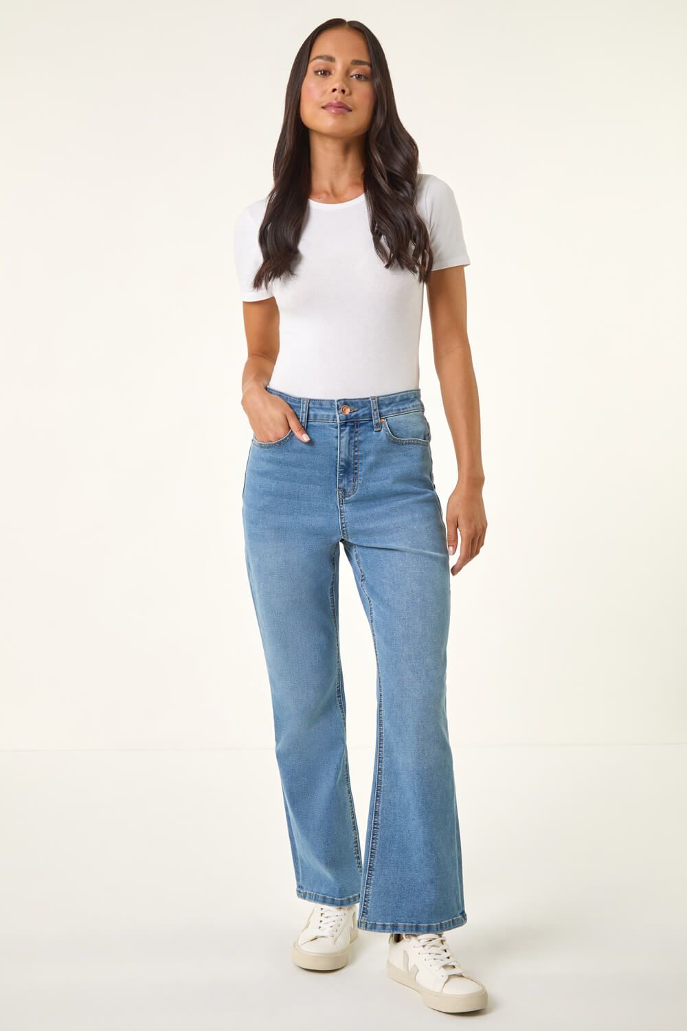 Roman Women's Petite Bootcut Stretch Jeans in Mid Blue