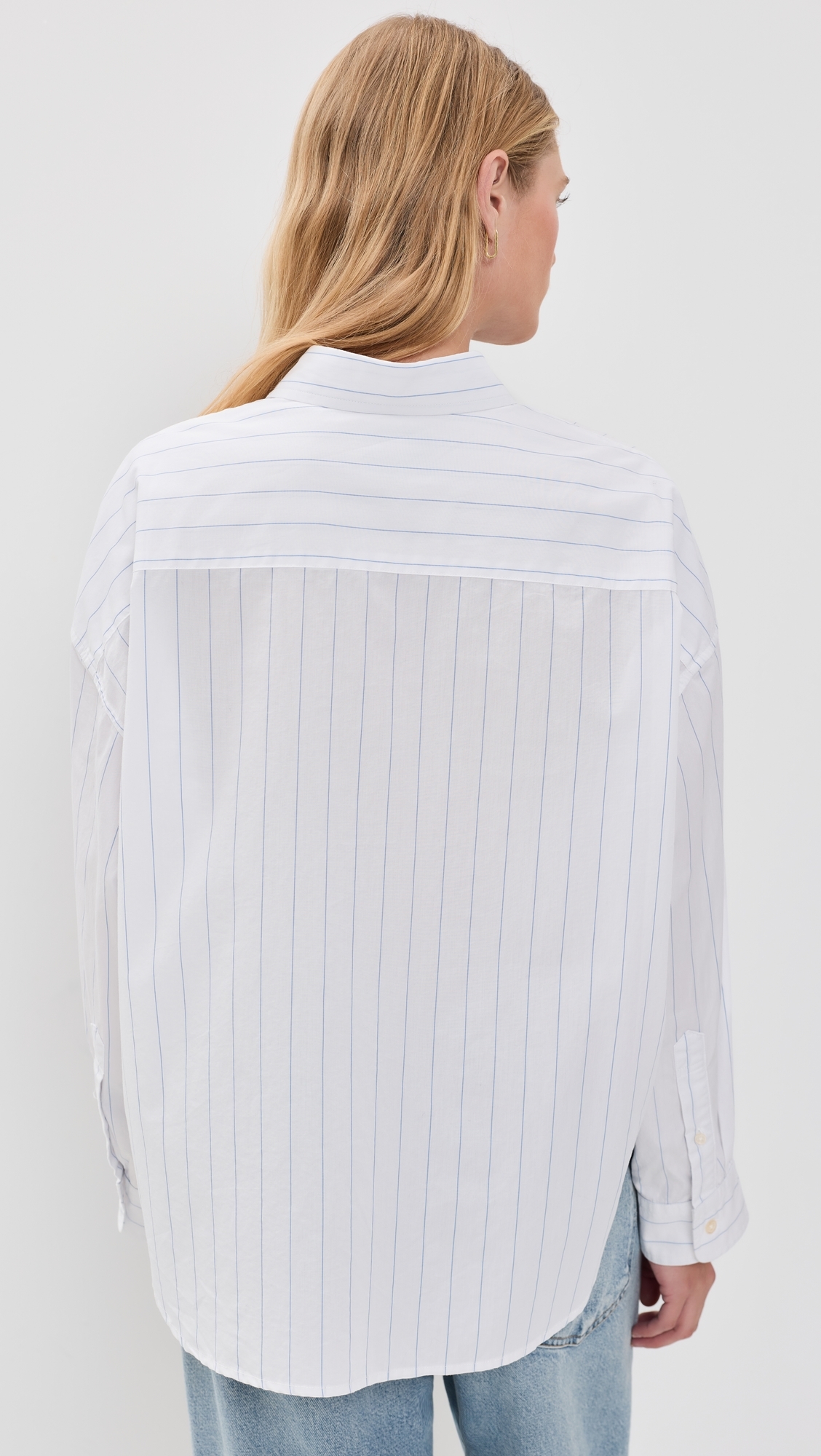 Bailey Cropped Button Down Shirt Light Blue Wide Pinstripe