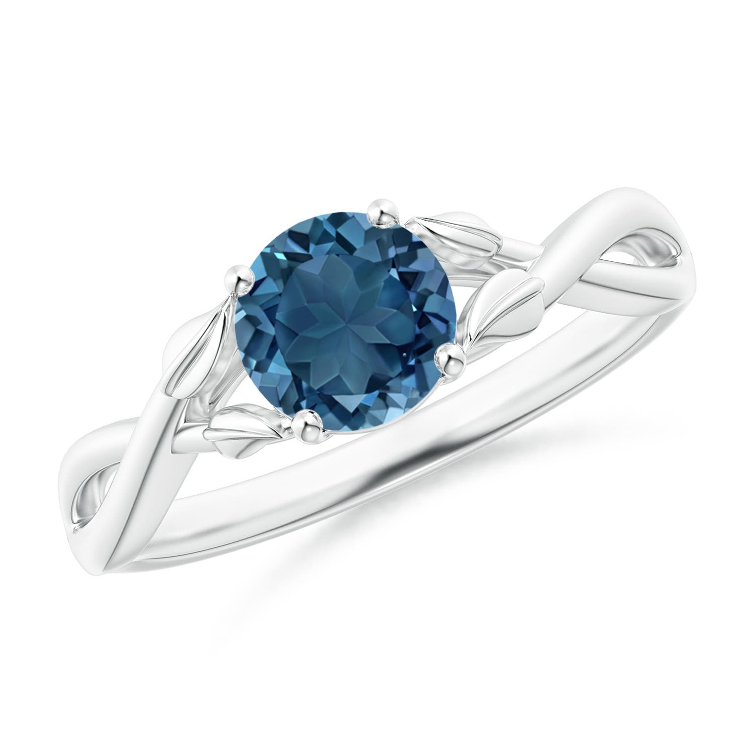 Angara 0.95 Carat Nature Inspired London Blue Topaz Crossover Ring with Leaf Motifs in Platinum