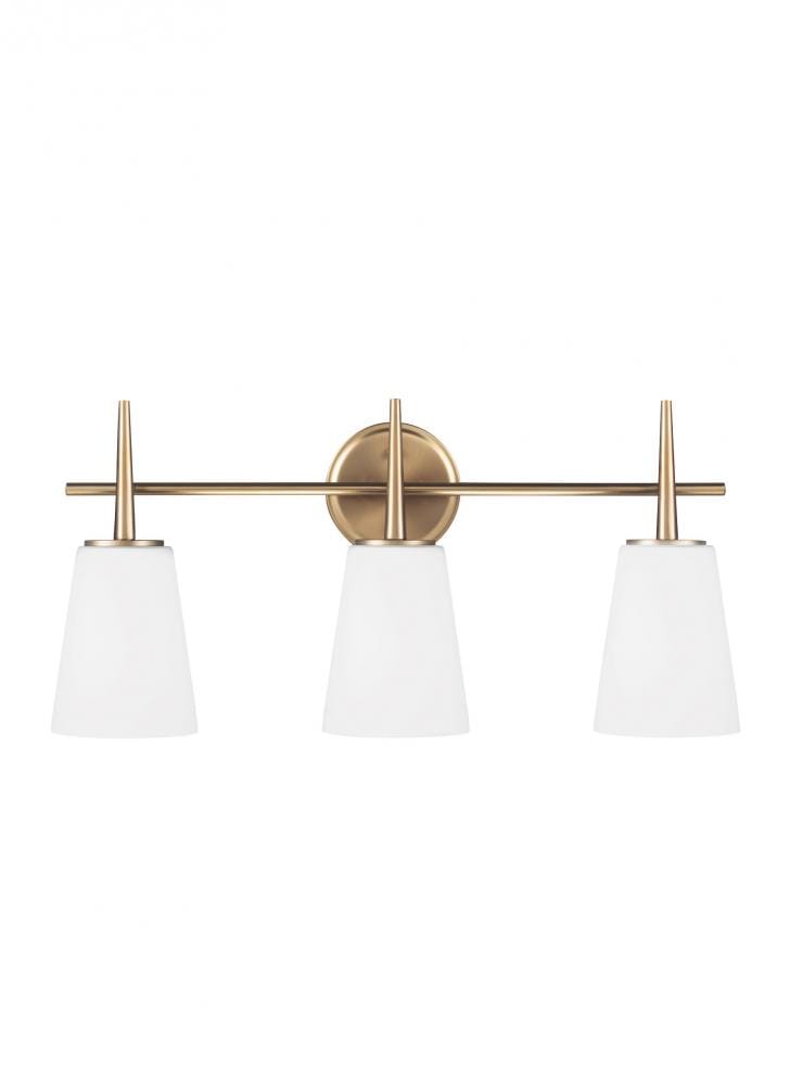 Satin Brass Three Light Wall Bath from the Driscoll Collection