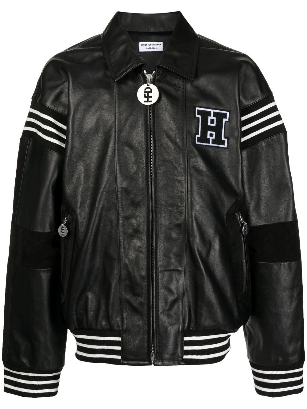 Patch-detail leather bomber jacket - Black
