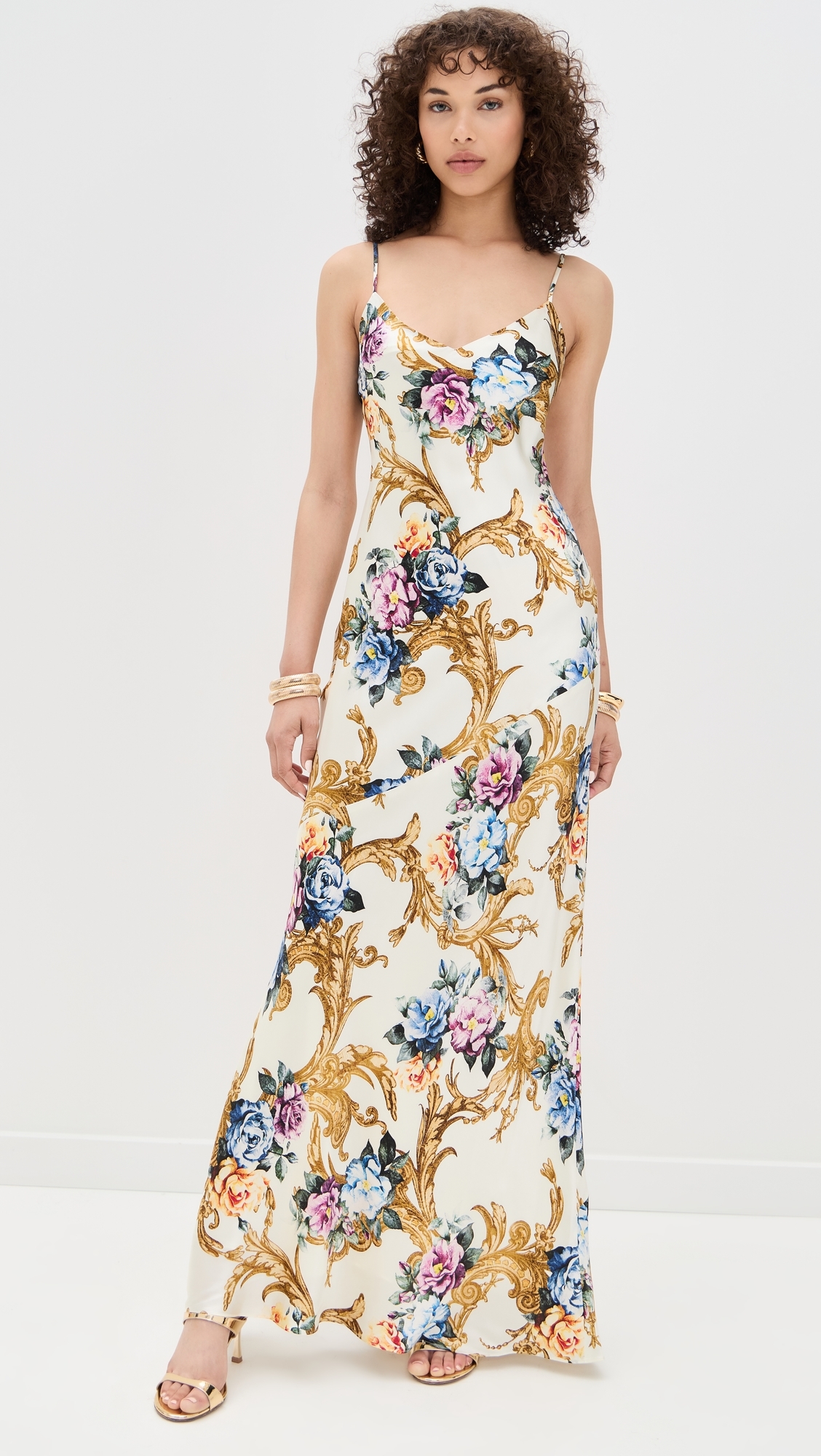 Serita Maxi V Neck Bias Dress Vintage White Large Floral Bar
