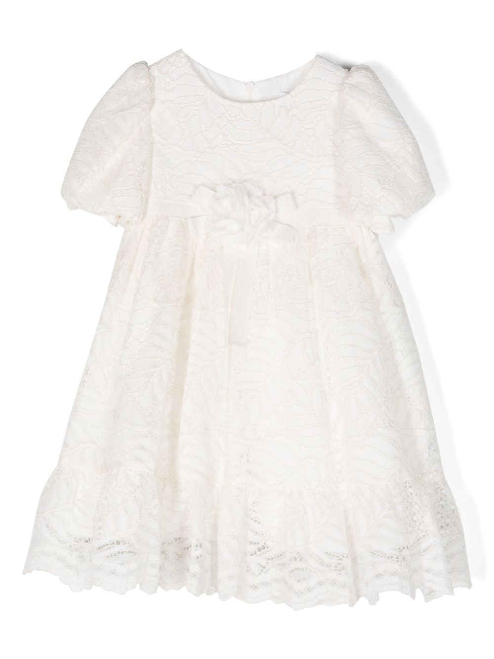Puff-sleeve lace-overlay dress - White