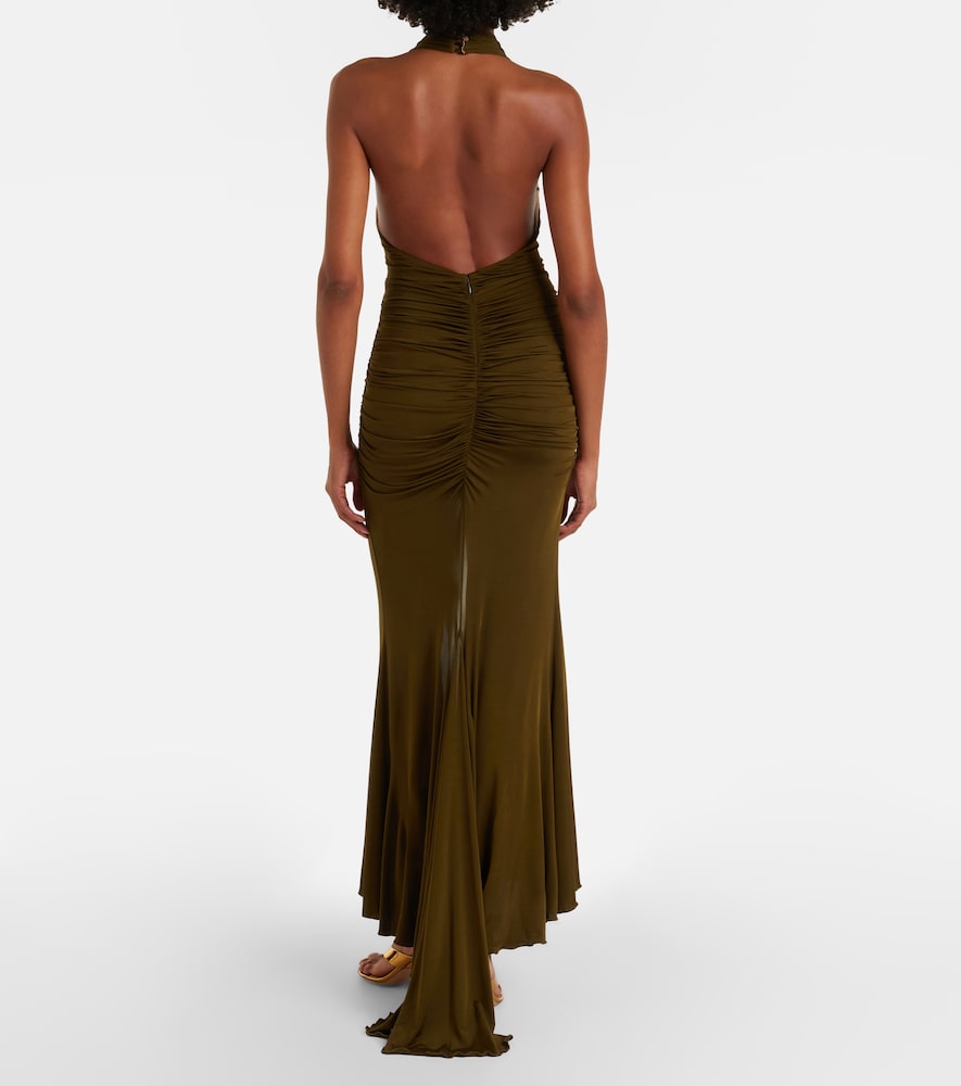 Floral-appliqué ruched maxi dress
