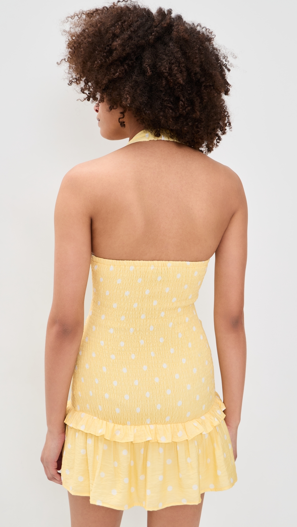 Fleur Shirred Halter Mini Dress Lemon White Polka