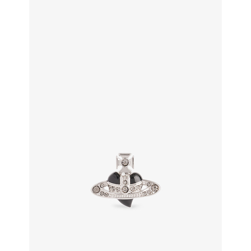 Mens Platinum/blck Dia Diamante Heart Orb-embellished Platinum-plated Brass Earring