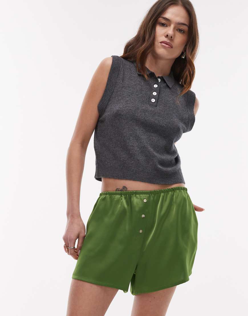 Topshop satin knicker short with buttons in green