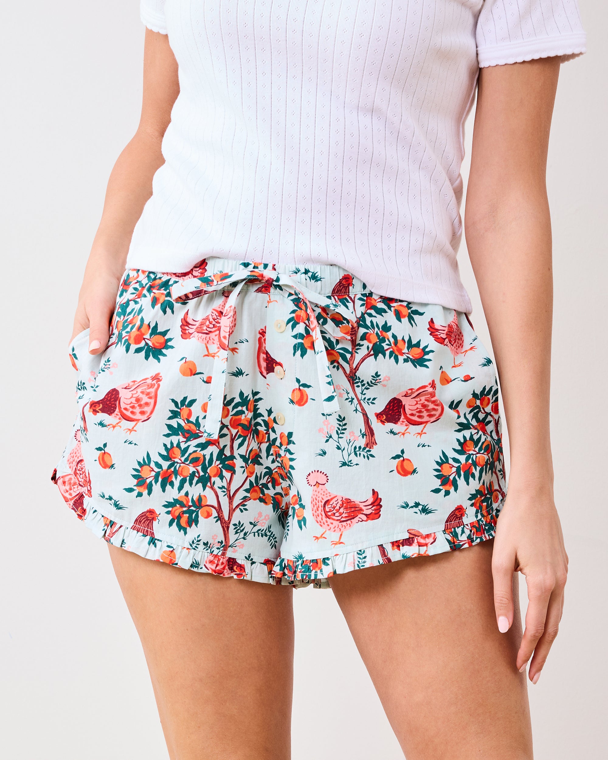 Organic Cotton Ruffle Pajama Shorts in Hen House | Women's XS | Blue
