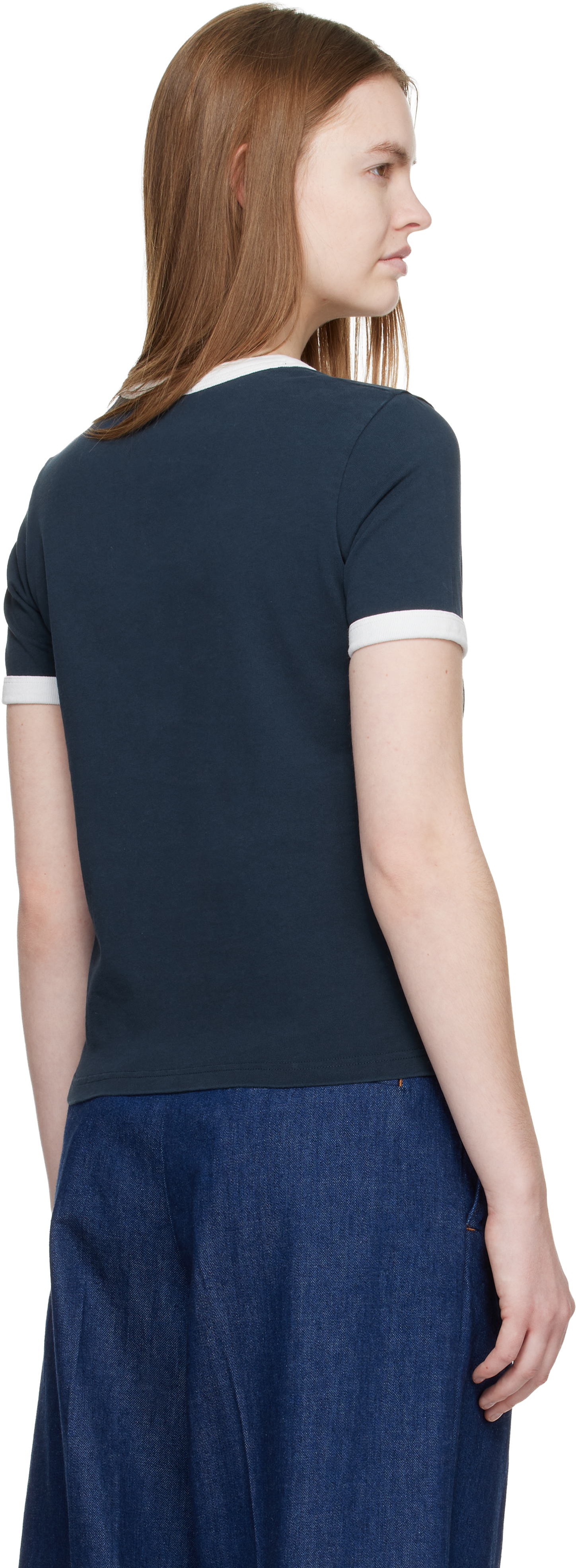 Navy Crop Manche Courte Contrast T-shirt