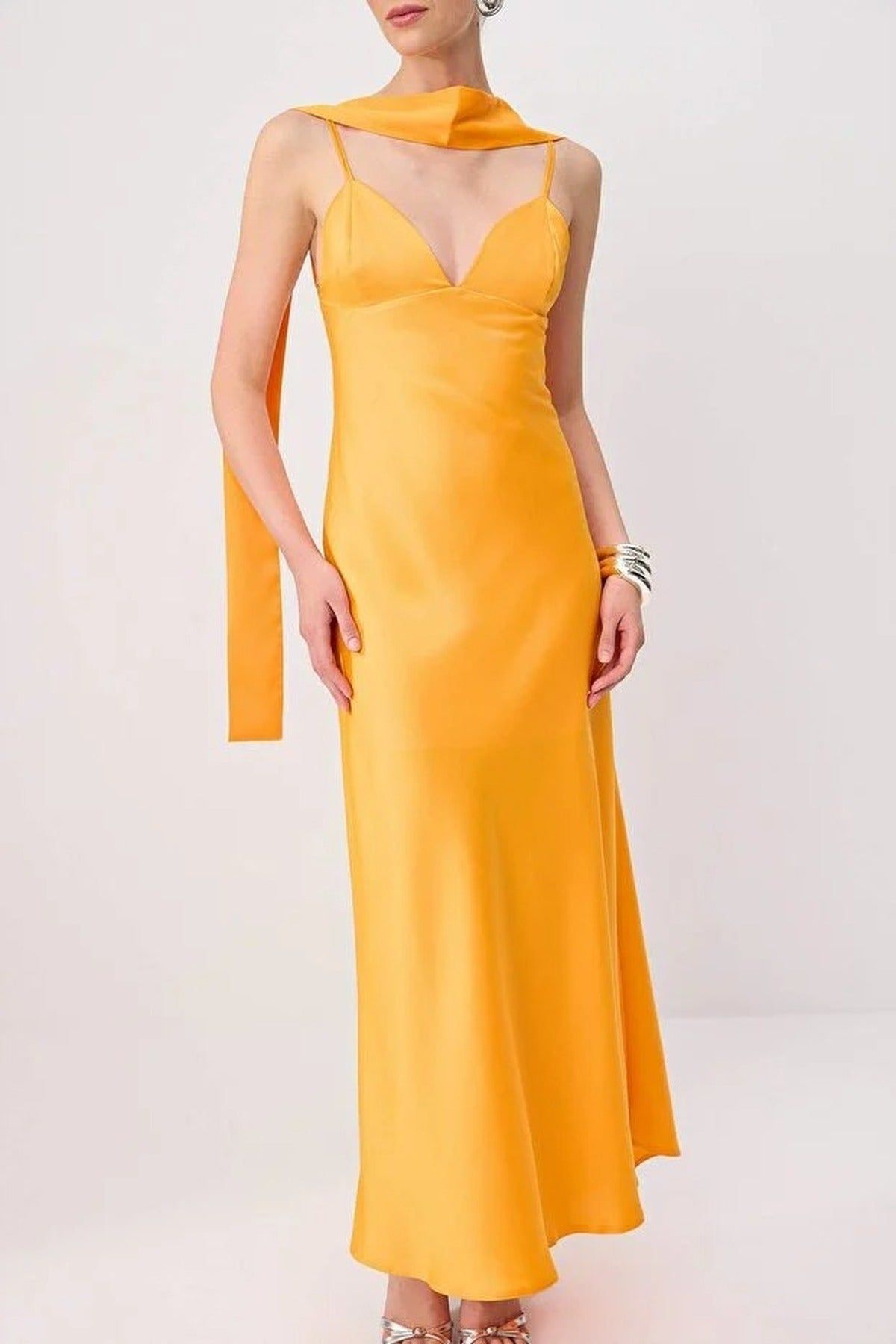 HOXTON GAL Women's Satin Maxi Evening Dress w/ Spaghetti Straps & Shawl Detail in Orange