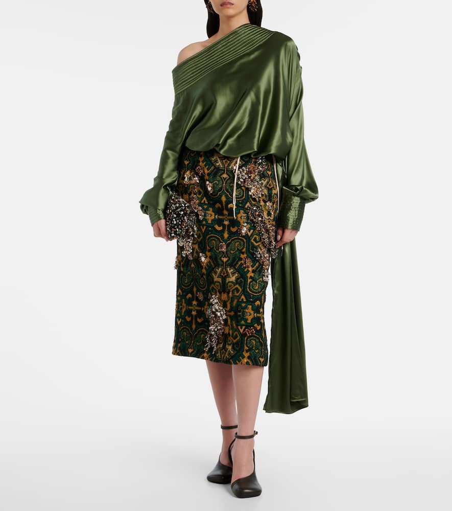 Asymmetric draped silk-blend satin top