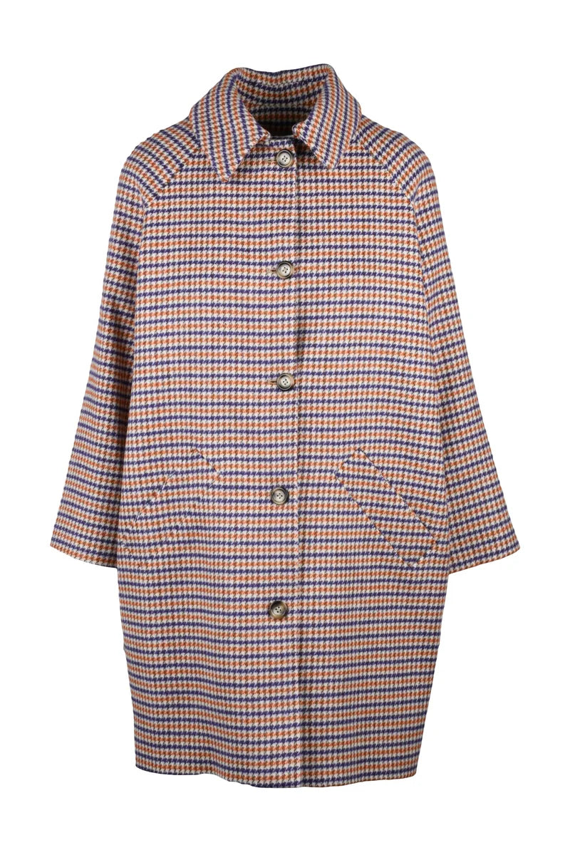 Mid-Length Houndstooth Coat with Raglan Sleeves