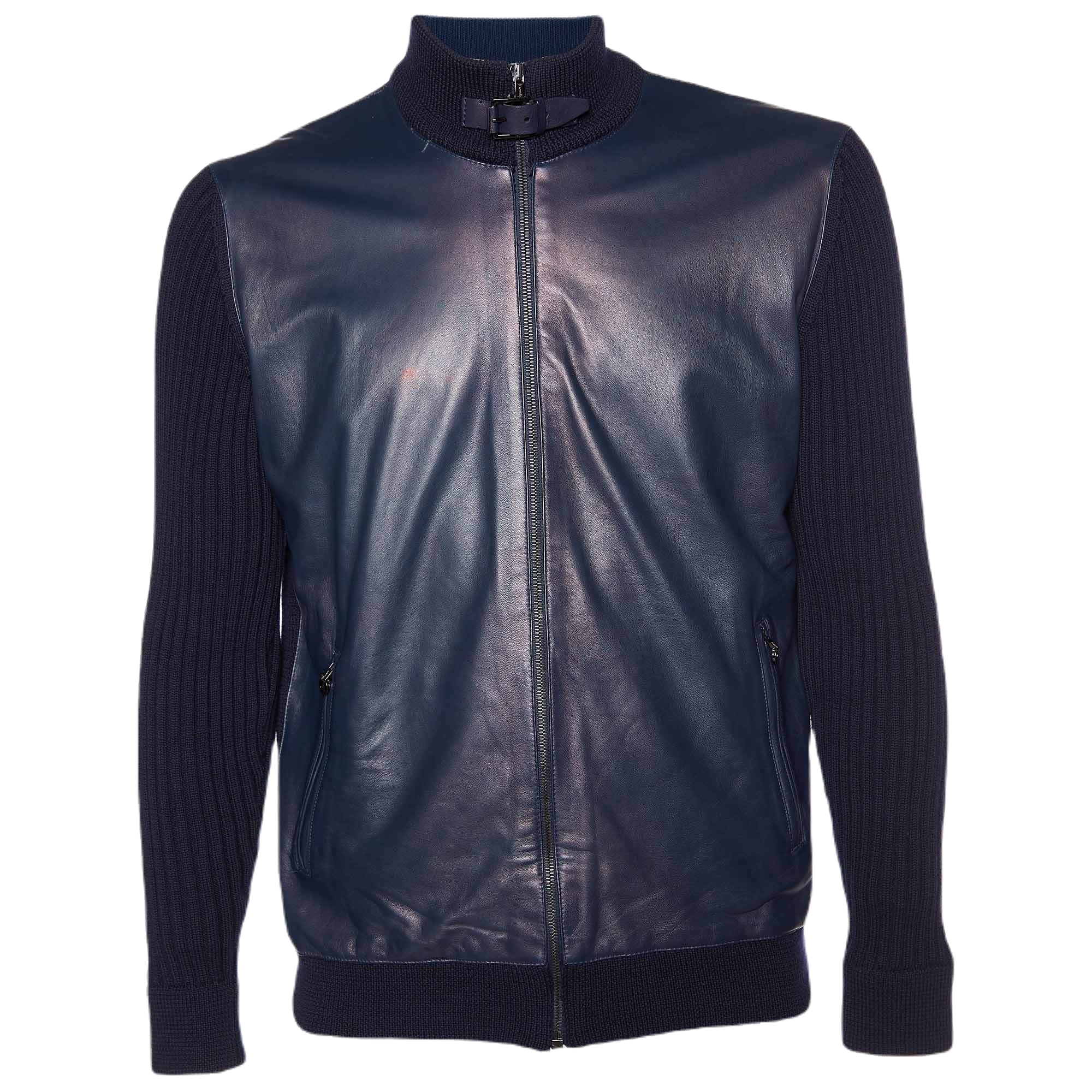 Leather & Wool Knit Zip Front Jacket — Navy