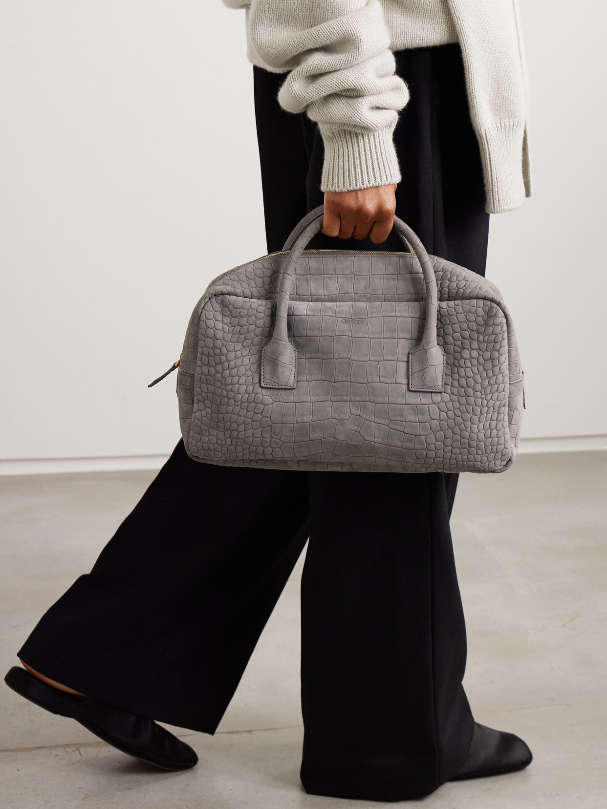 America Duffle Medium Croc-effect Suede Tote - Gray