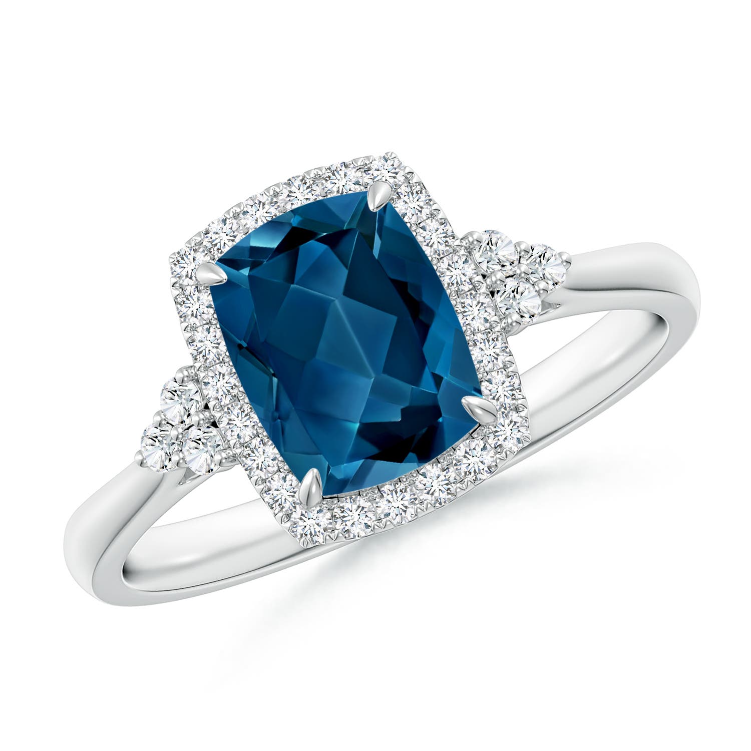 Angara 1.6 Carats Cushion London Blue Topaz Halo Ring with Trio Diamonds in Platinum