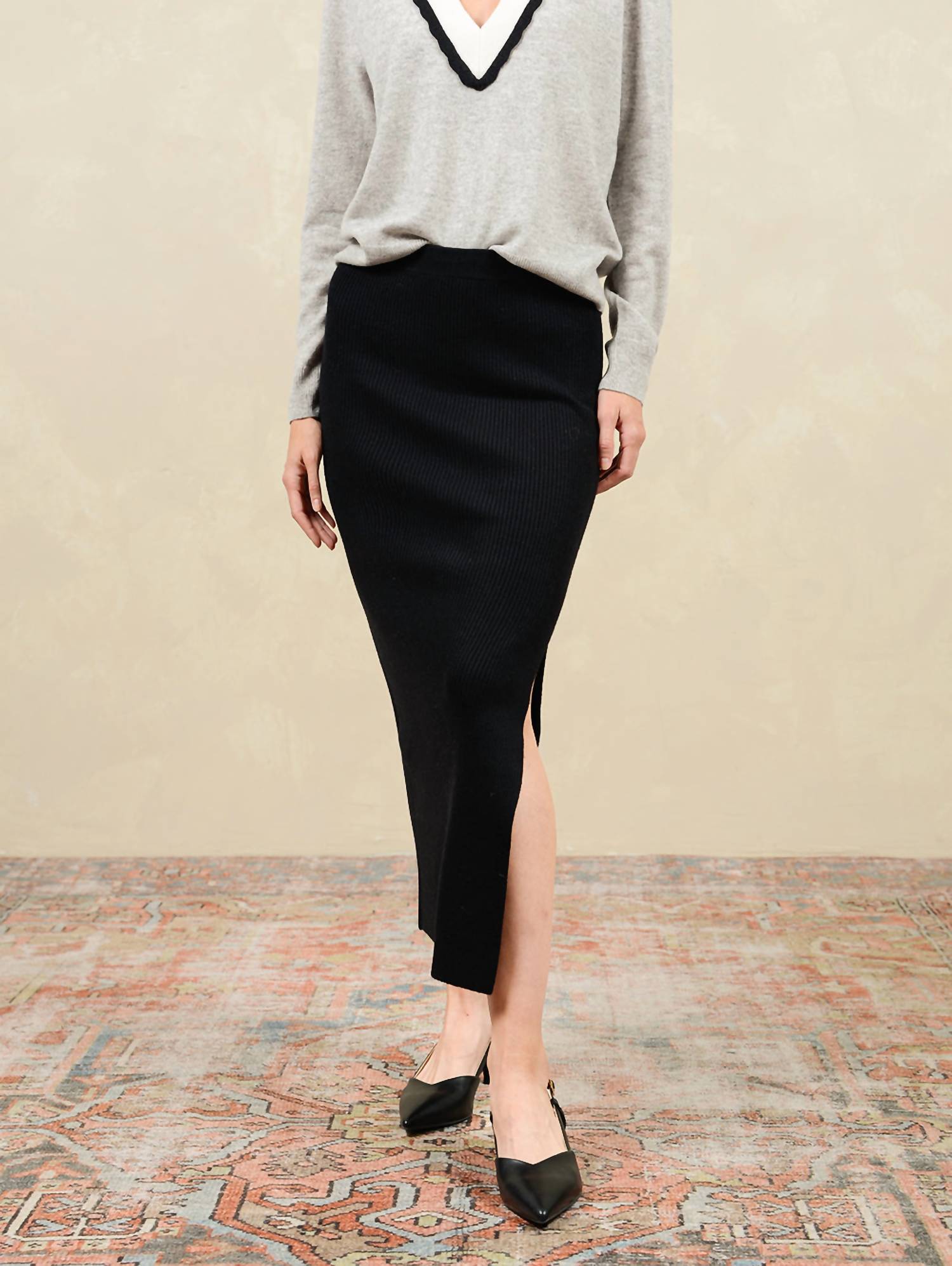 Betsi Rib Knit Pencil Skirt In Gravel