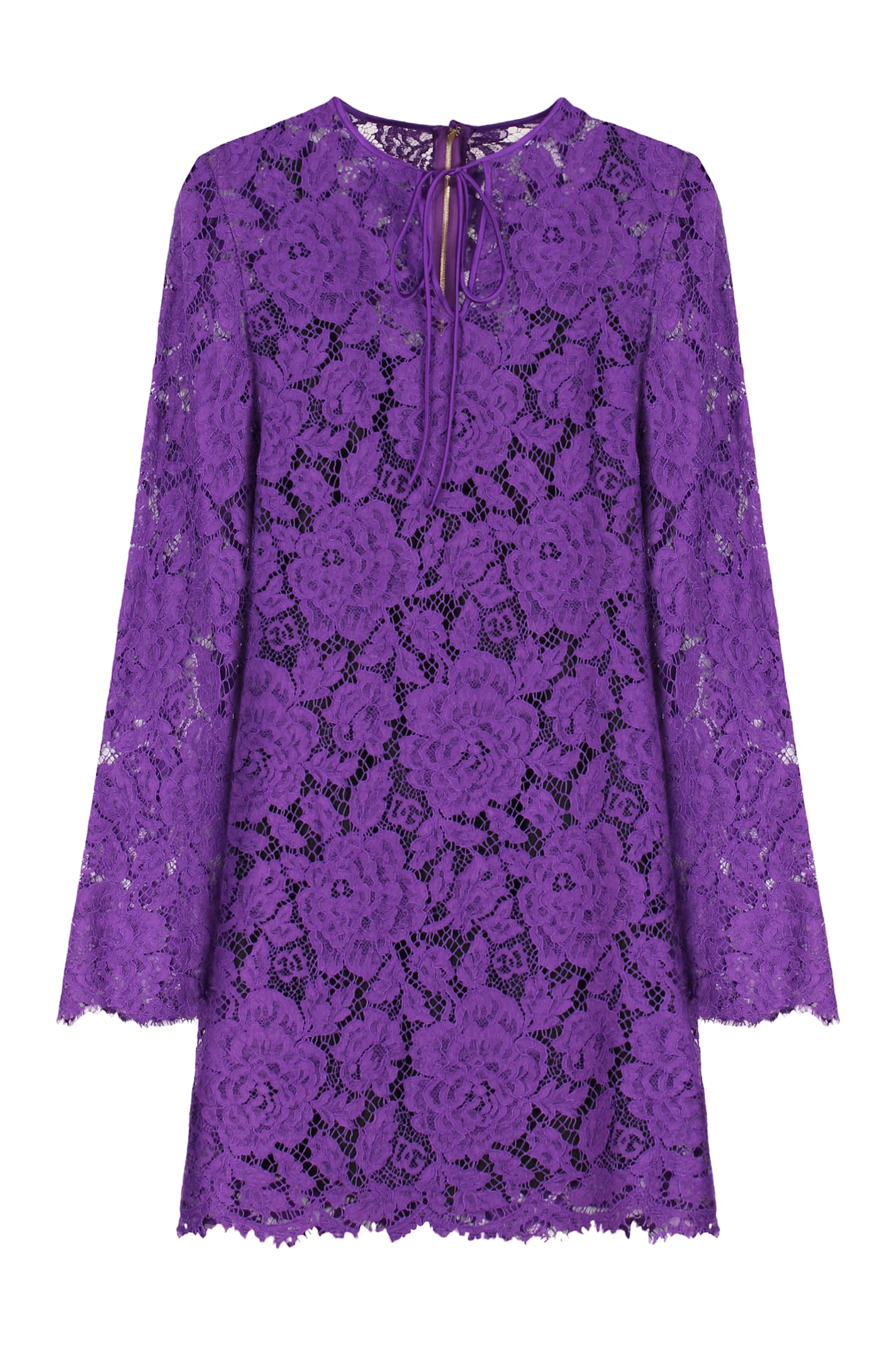 Violet Dress With Round Neck And All-over Floral Embroidery In Cotton Blend Woman