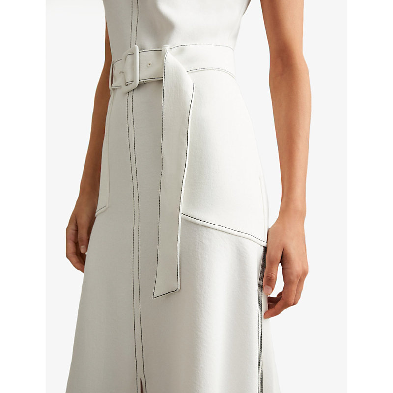 Womens Ivory Thora High-neck Belted-waist Crepe Midi Dress