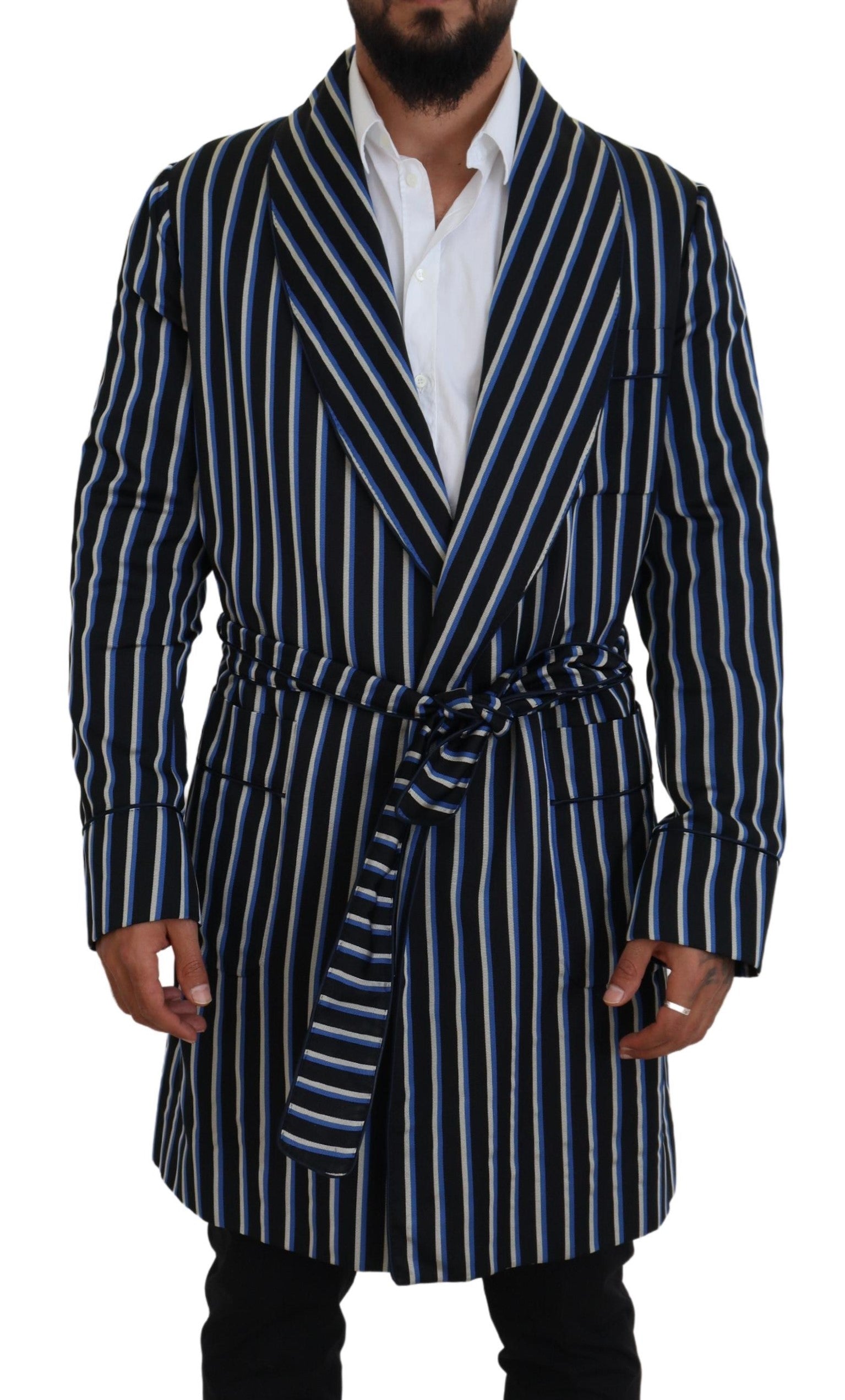 Striped Silk-Lined Robe — Black