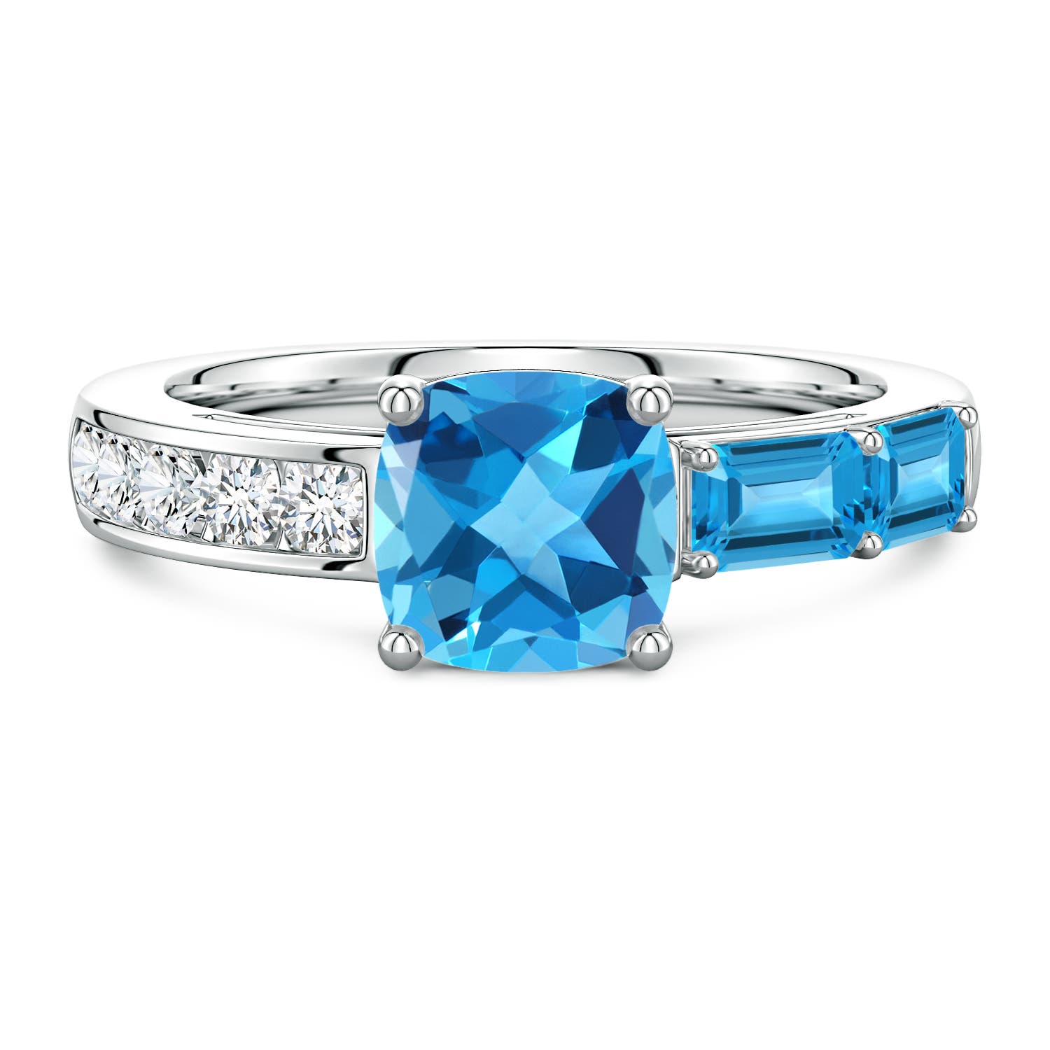 Lee Harris x Angara 2.84 CTW Cushion Swiss Blue Topaz Modern Art Deco Inspired Side Stone Ring in Platinum