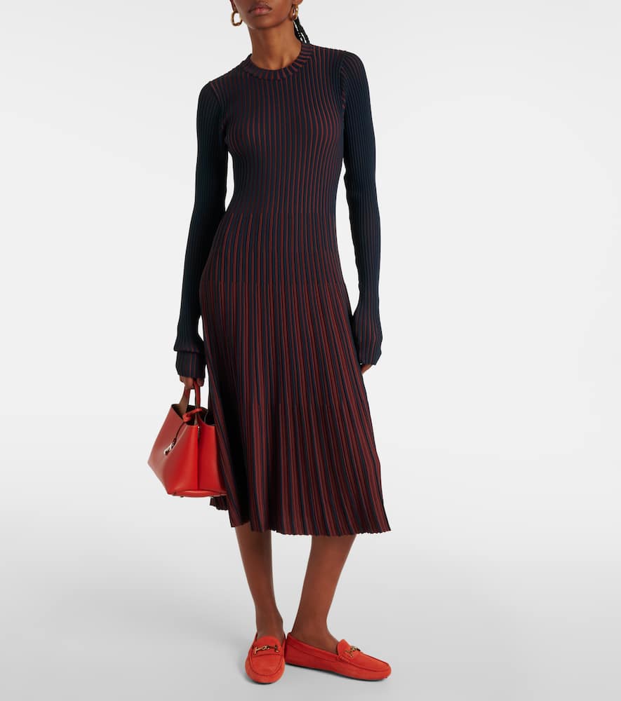 Striped ribbed-knit pleated midi dress