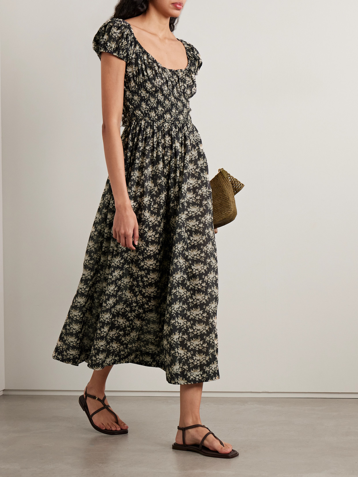 Quinley Shirred Floral-print Organic Cotton-voile Midi Dress - Black