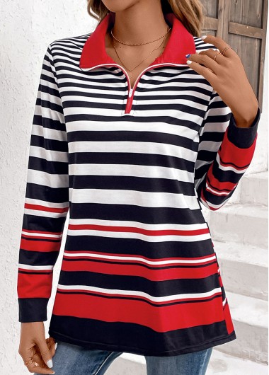 Modlily Multi Color Zipper Striped Long Sleeve Sweatshirt