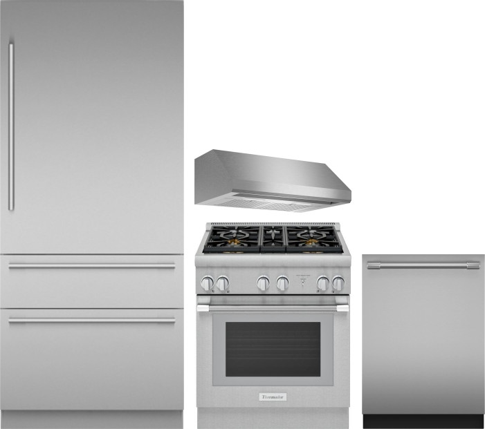 Thermador 4 Piece Kitchen Appliances Package with Bottom Freezer Refrigerator, Dual Fuel Range and Dishwasher in Stainless Steel THRERADWRH1335