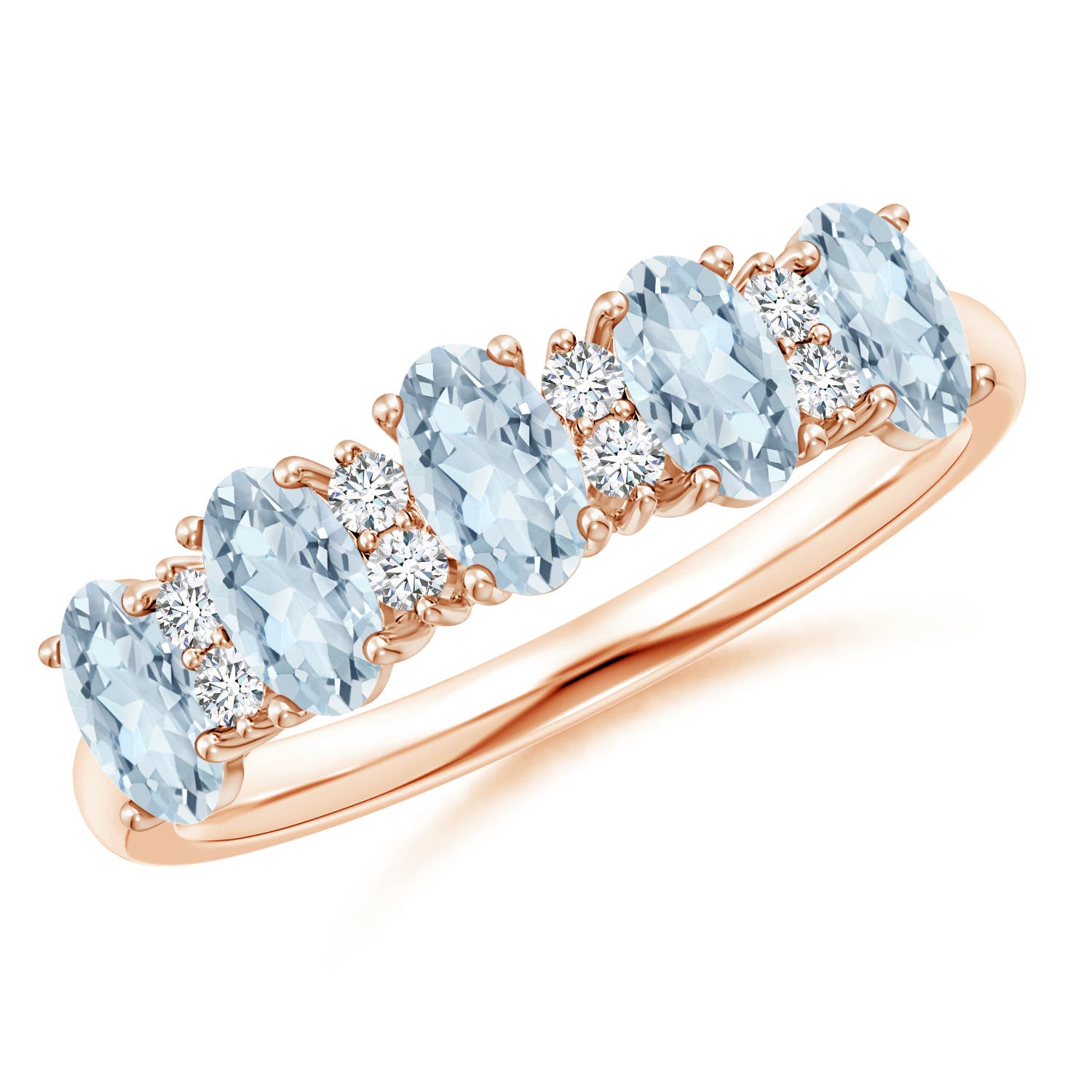 Angara 1.0 Carat Five Stone Aquamarine and Diamond Wedding Ring in 18K Rose Gold