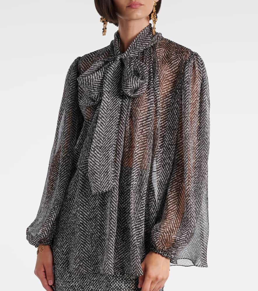 Tie-neck herringbone silk chiffon blouse