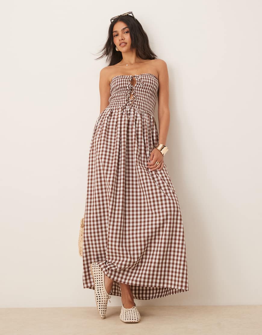 brown gingham dress asos ASOS DESIGN halter neck smock maxi dress in brown and white gingham print