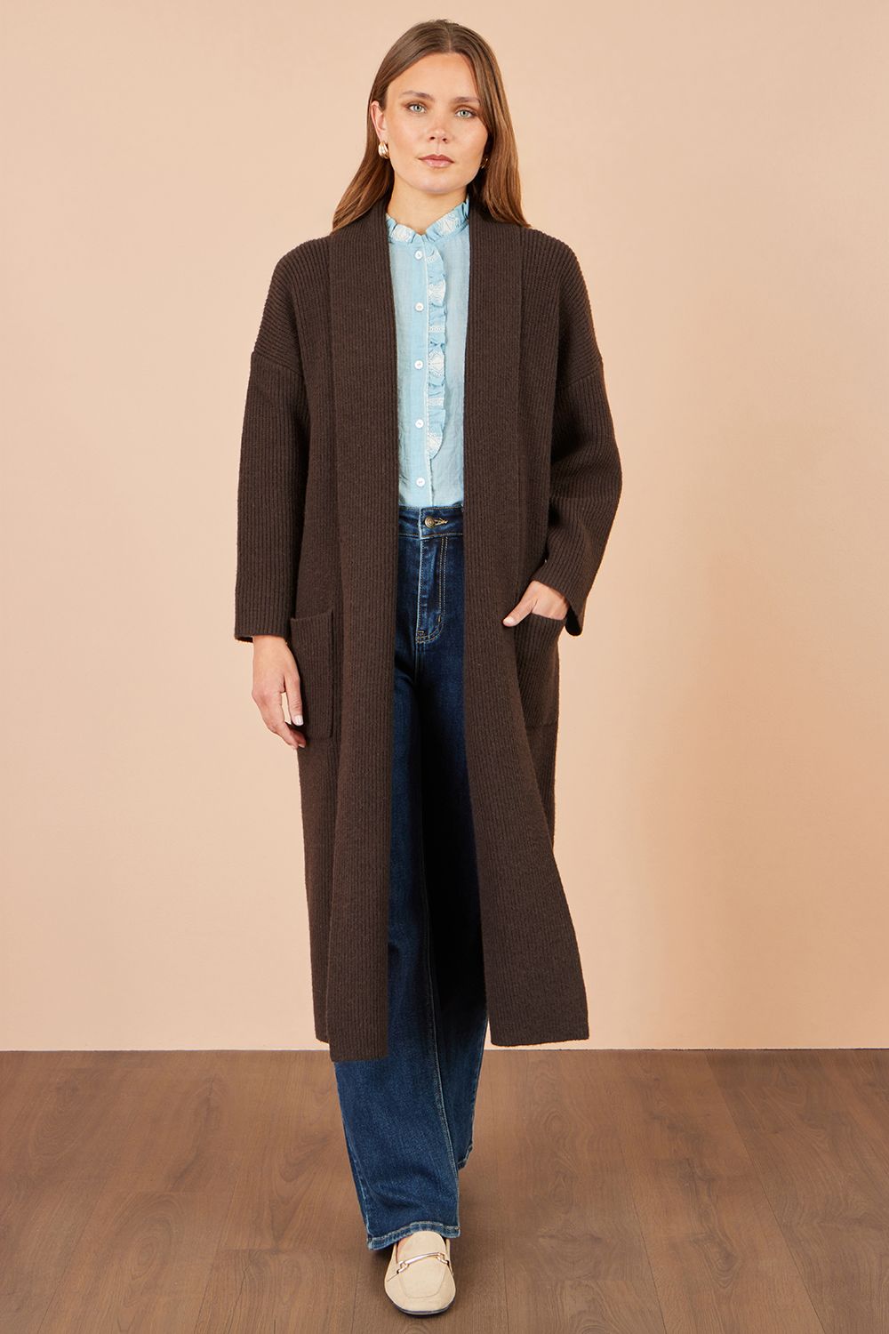 Yumi Knitted Maxi Cardigan With Pockets In Brown