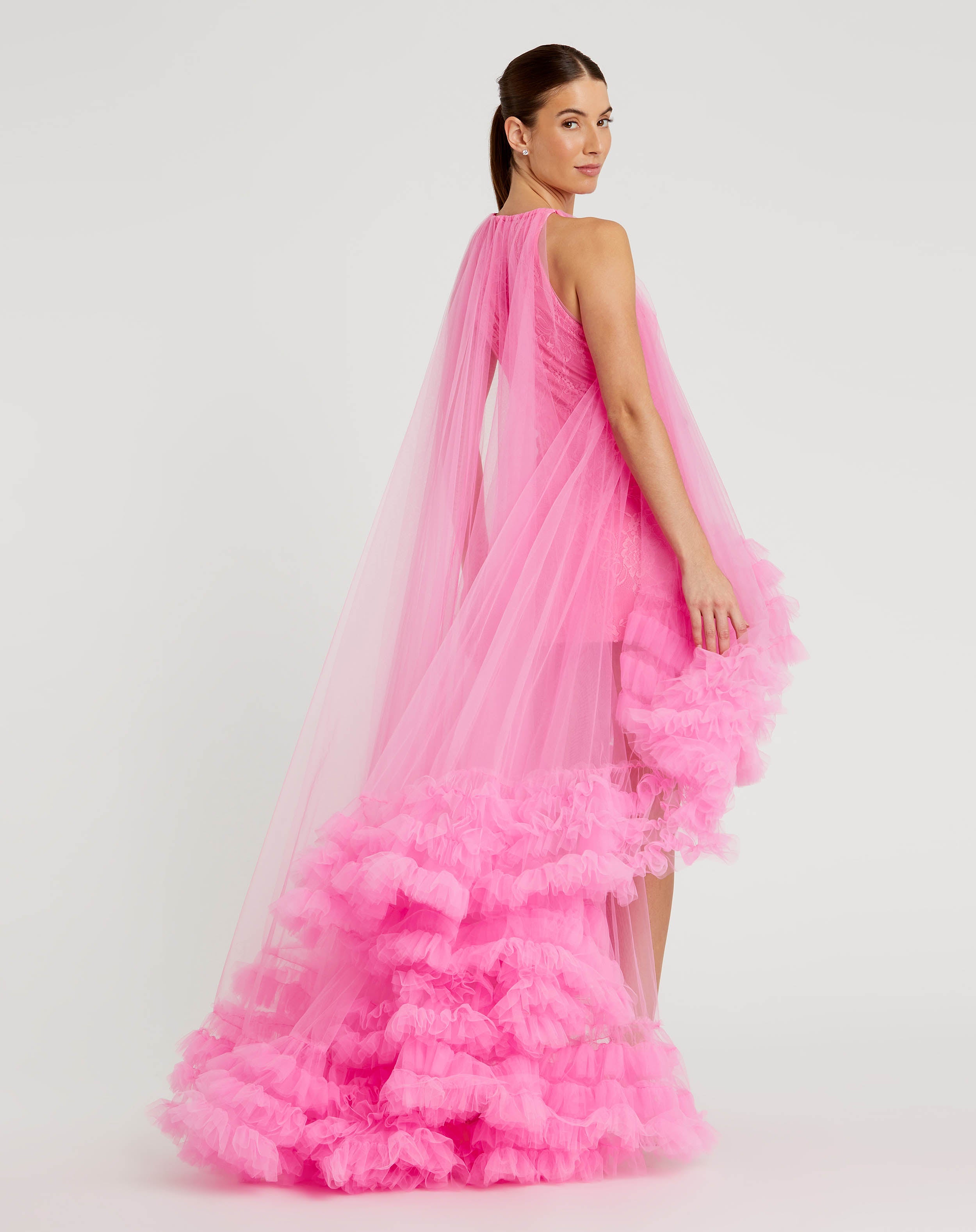 Hot Pink Tulle High Neck Sleeveless Ruffled Hem Hi-Lo Maxi Gown In Hot Pink