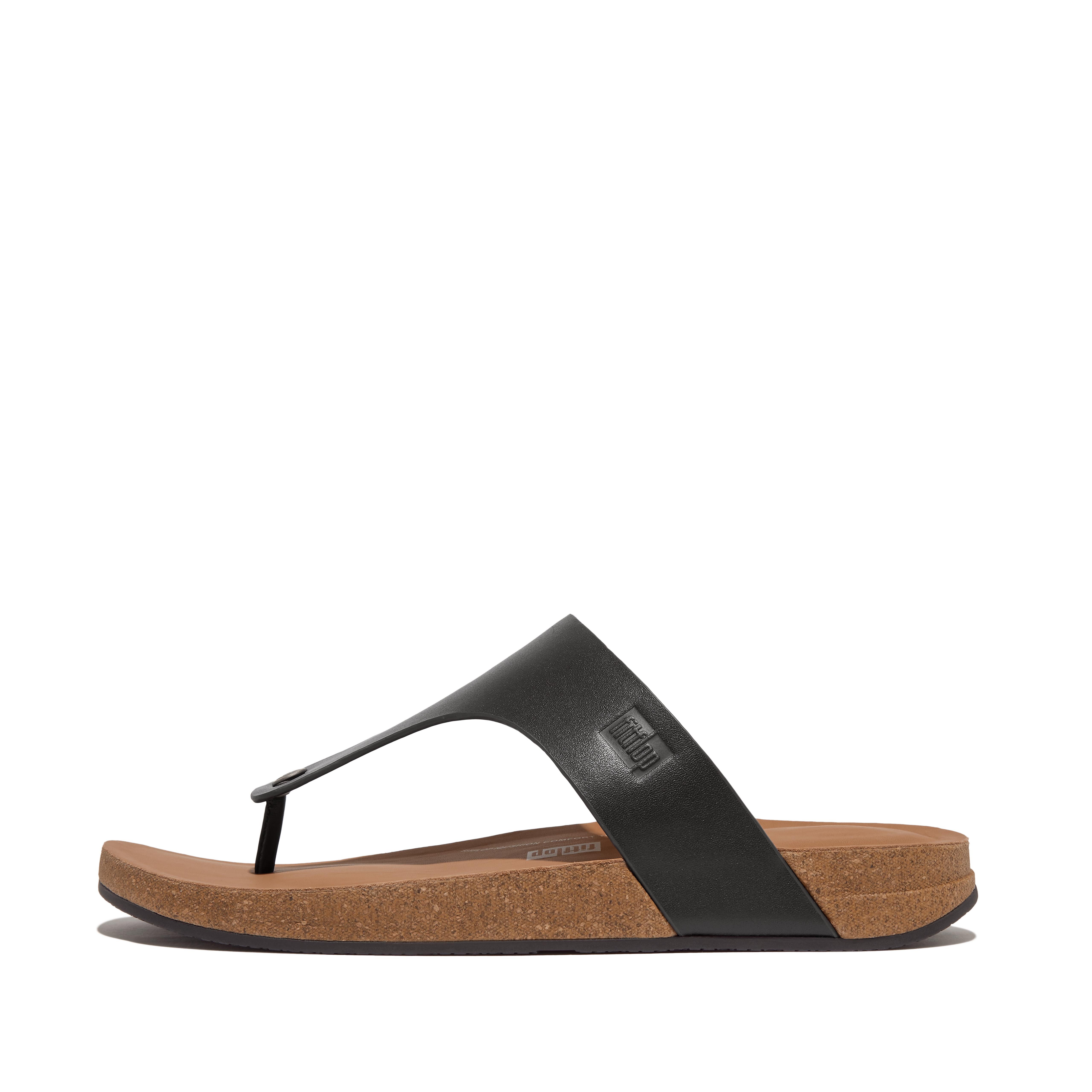 IQUSHION Leather Toe-Post Sandals, Outlet, Black, Size: US 9