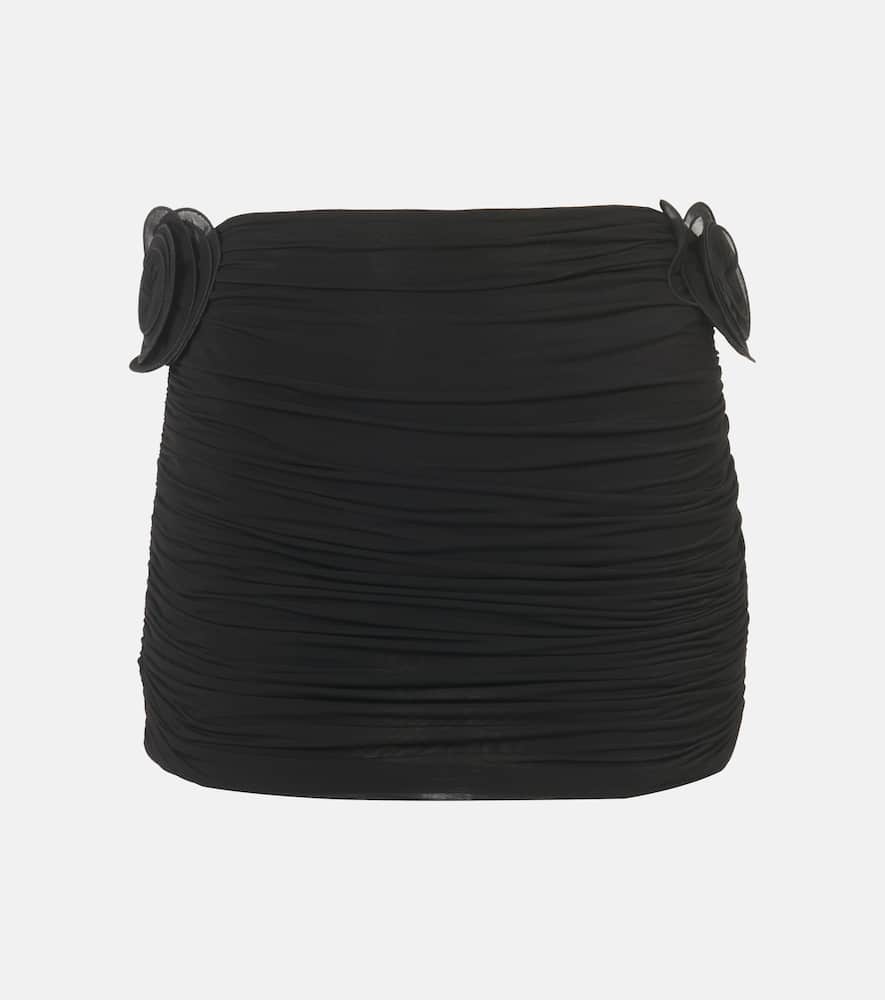 Floral-appliqué ruched miniskirt