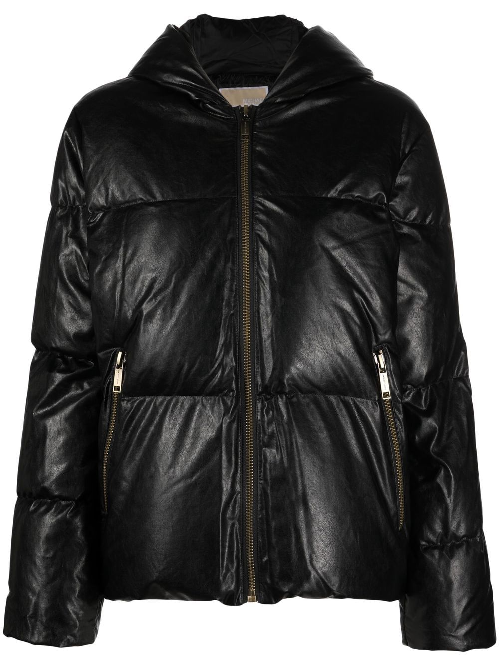 Faux-leather hooded puffer jacket - Black
