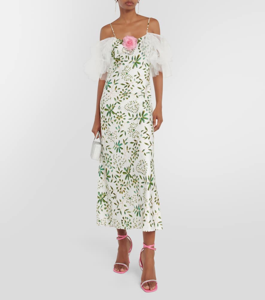 Floral-appliqué silk midi dress